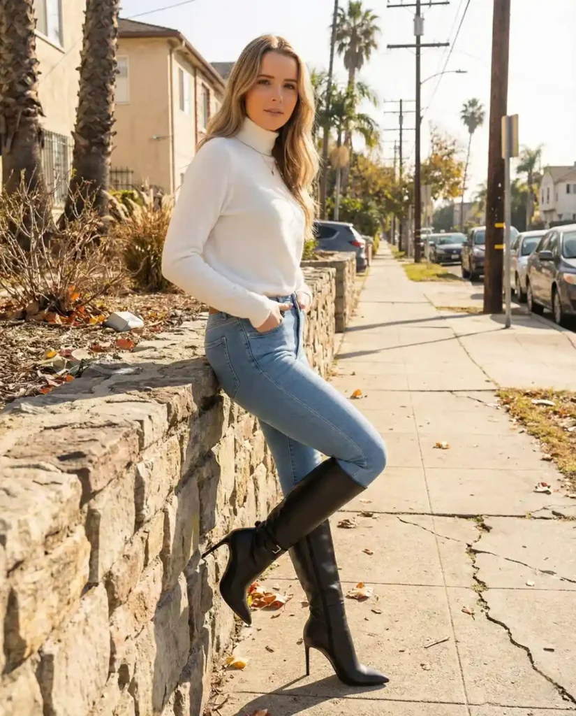 White Turtleneck and Skinny Jeans with Knee-High Boots