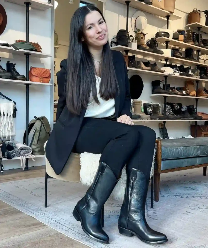 Black Blazer and Tall Frye Boots for a Sharp Office Look