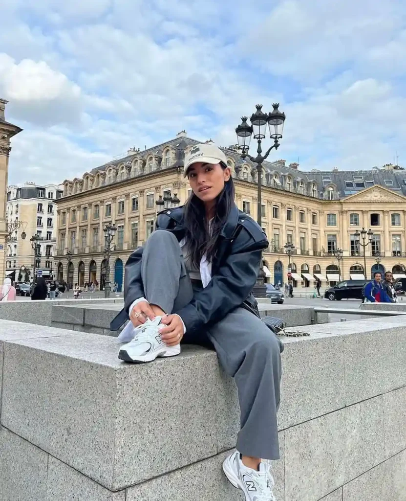 Leather Jacket and Grey Trousers with White Sneakers