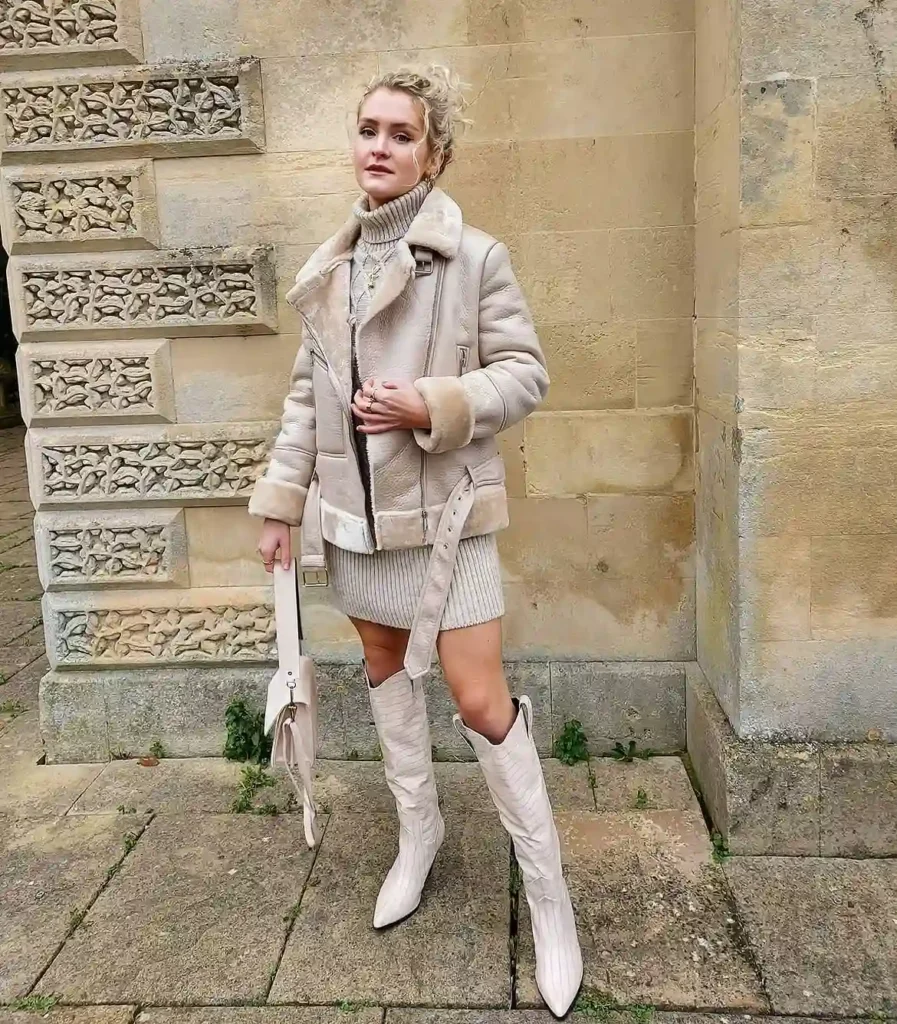 Shearling Aviator Jacket and Knit Skirt with White Cowboy Boots