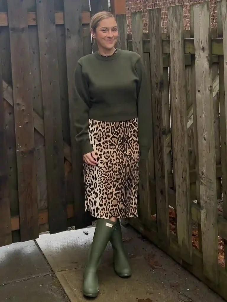 Knit Sweater and Leopard Midi Dress with Tall Rain Boots