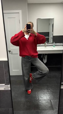 Red Collared Sweater with Grey Jeans and Red Flats