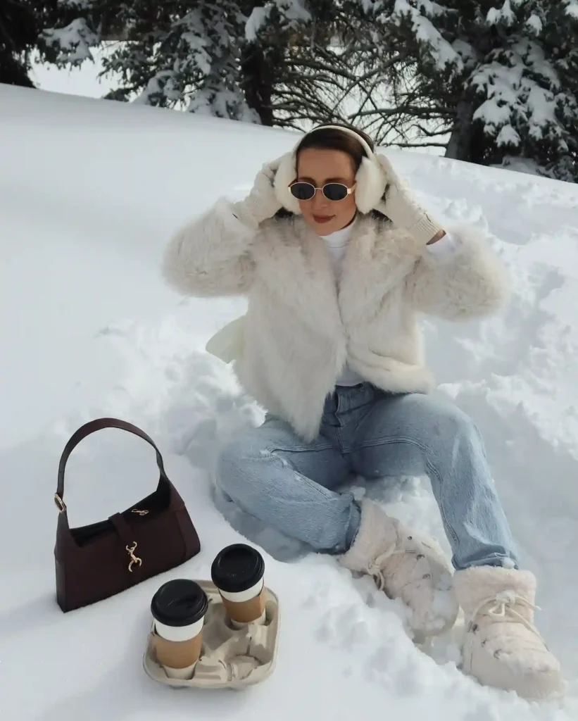 Faux Fur Jacket and Jeans with White Snow Boots