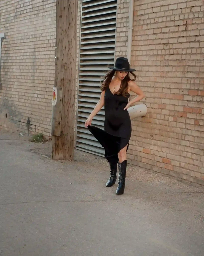 Satin Slip Dress with Black Cowboy Boots