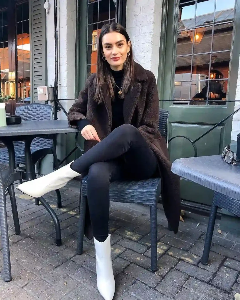 Teddy Coat and Skinny Jeans with White Ankle Boots