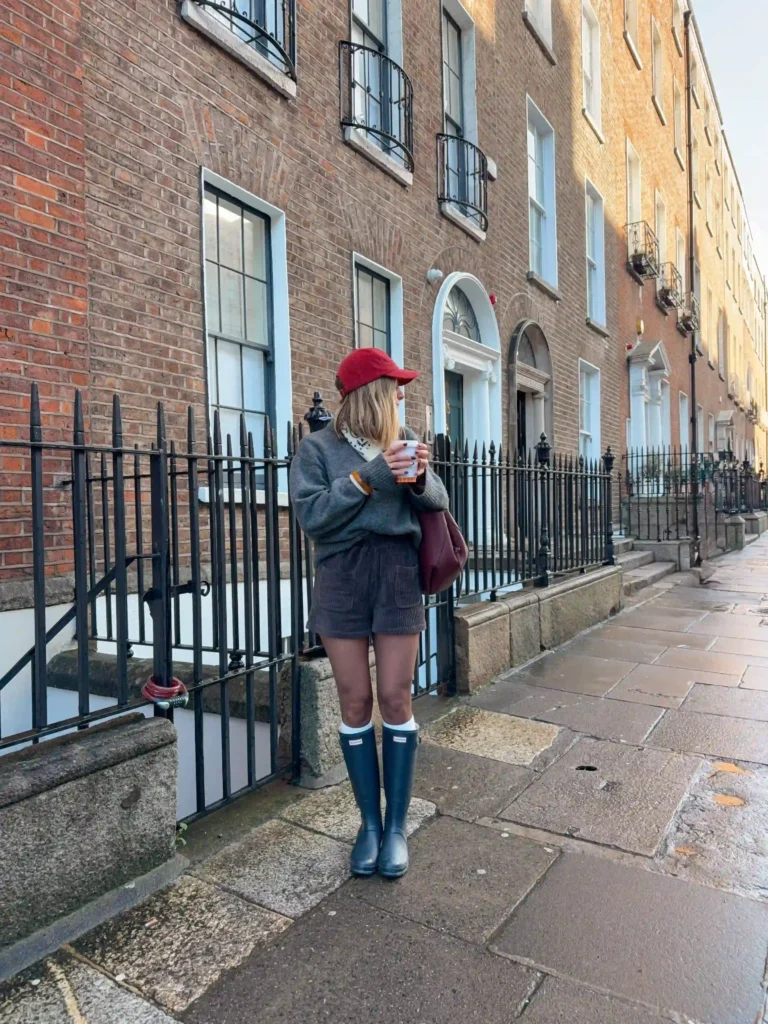 Chunky Sweater and Corduroy Shorts with Tall Rain Boots