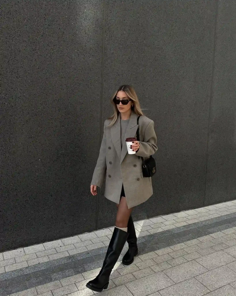 Grey Double-Breasted Blazer with Knee High Boots