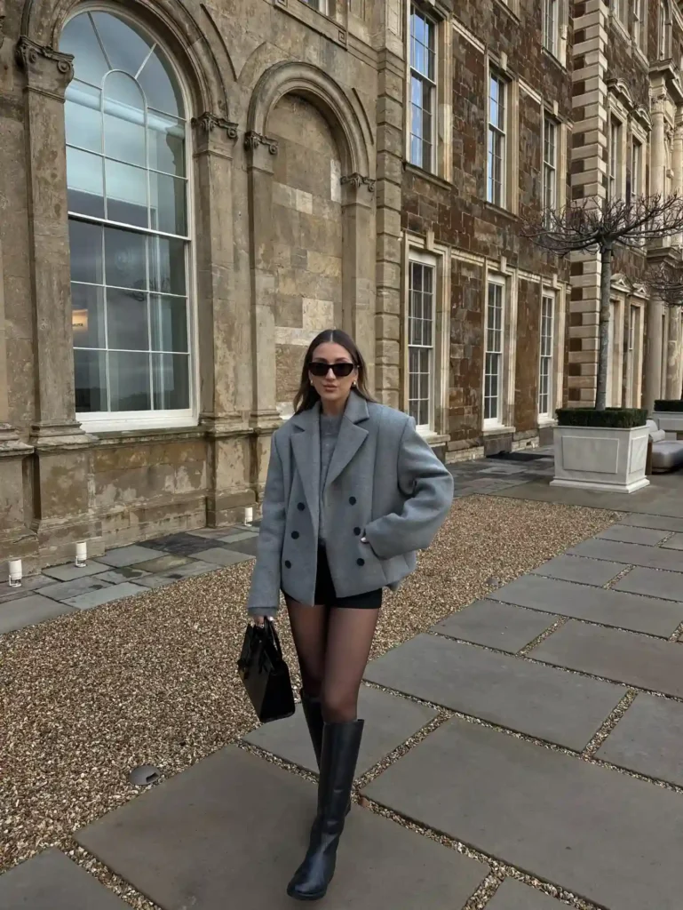 Grey Cropped Peacoat and Shorts with Tall Black Boots