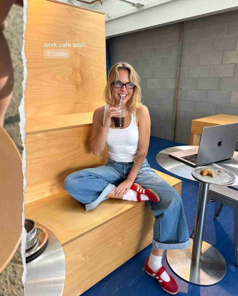 White Tank Top with Wide-Leg Jeans and Red Adidas Sambas