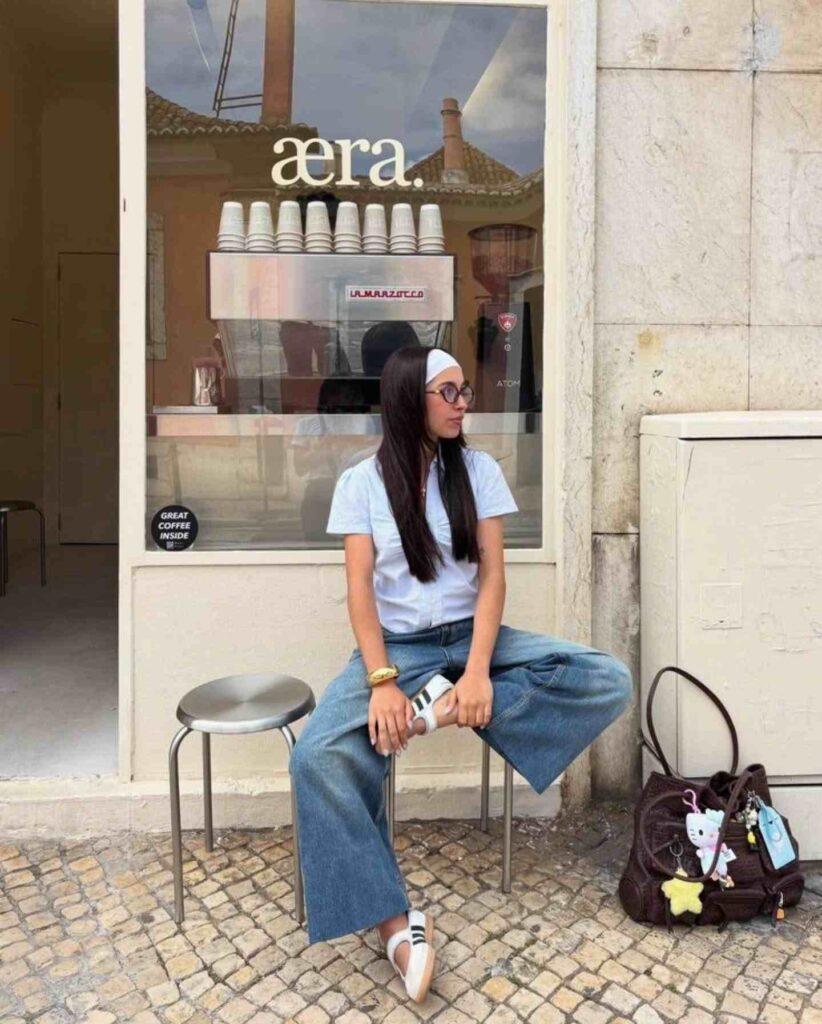White Button Shirt with Wide-Leg Jeans and White Samba Janes