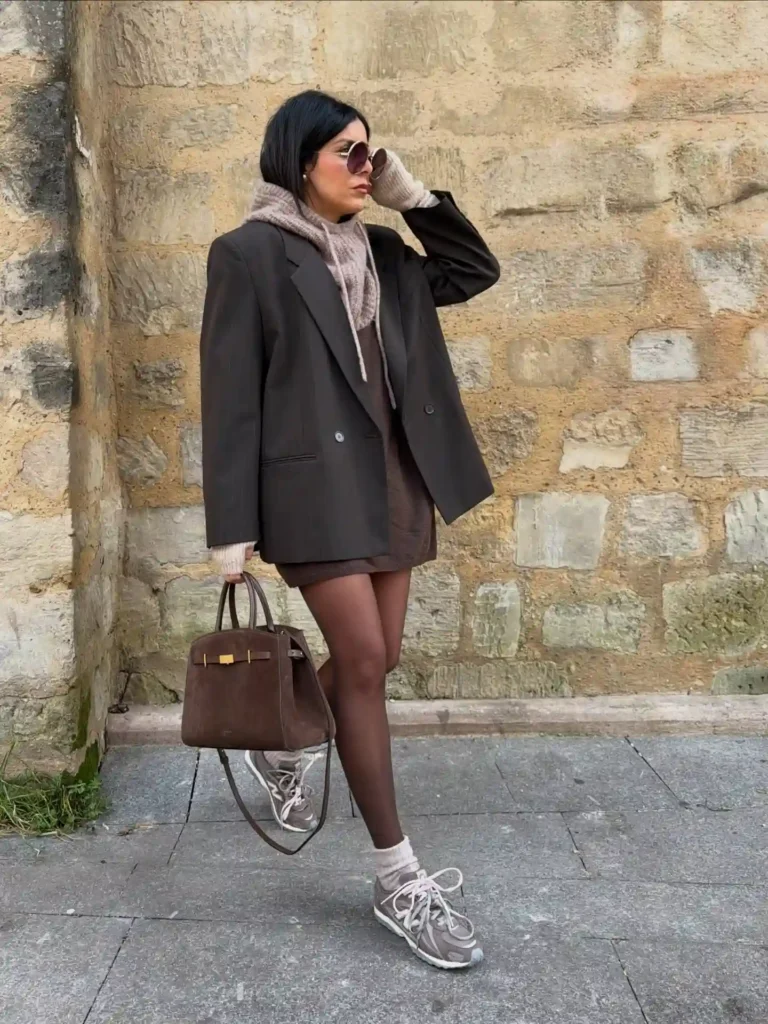 Oversized Blazer and Mini Skirt with Retro Sneakers