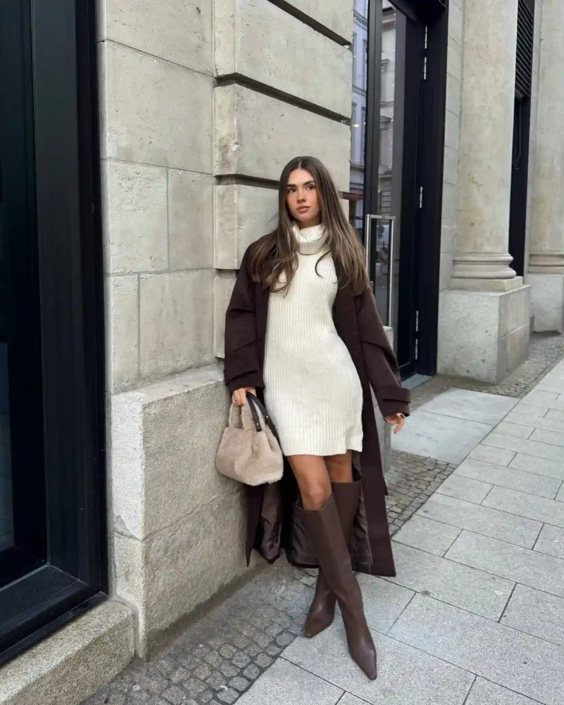 Ribbed Sweater Dress and Long Coat with Brown Knee High Boots
