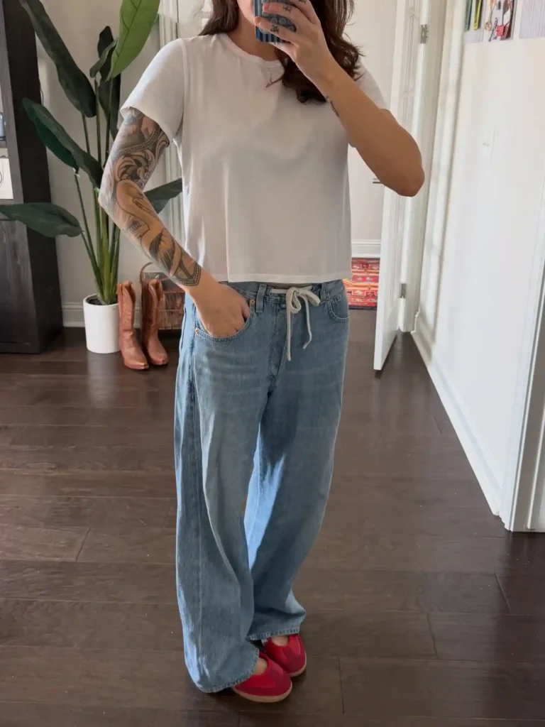 Cropped White Tee with Drawstring Baggy Jeans and Red Samba Janes