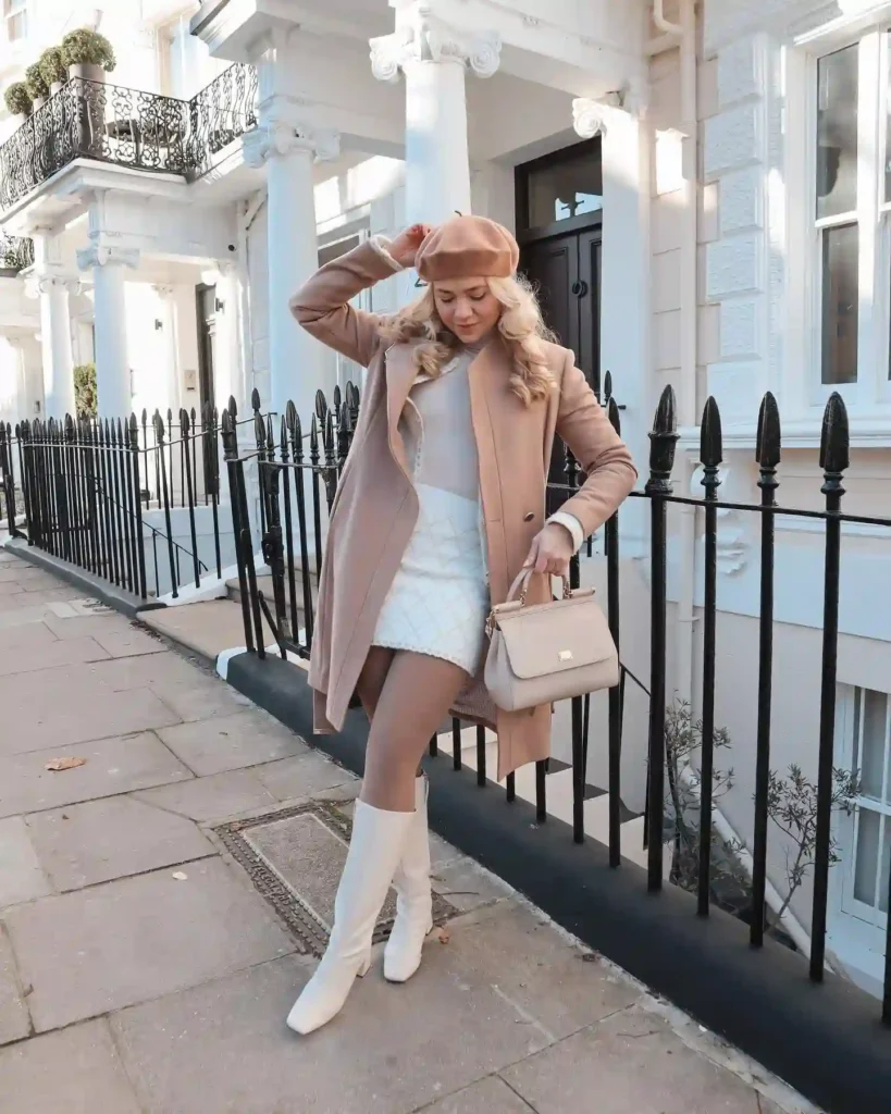 Camel Coat and Tweed Skirt with White Knee-High Boots
