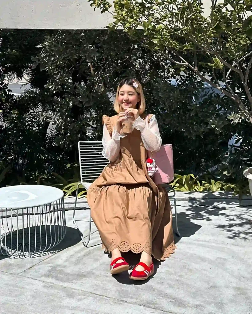 Tan Tiered Pinafore Dress with Sheer Blouse and Red Adidas Sambas