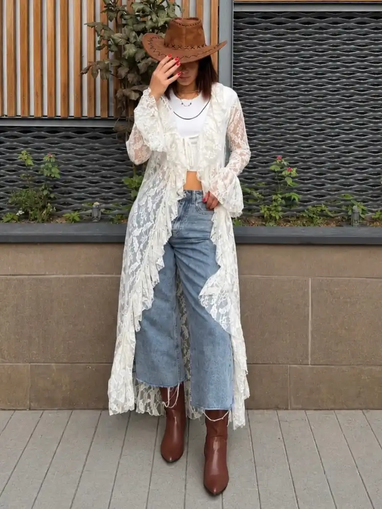 Lace Duster and Wide-Leg Jeans with Brown Cowboy Boots