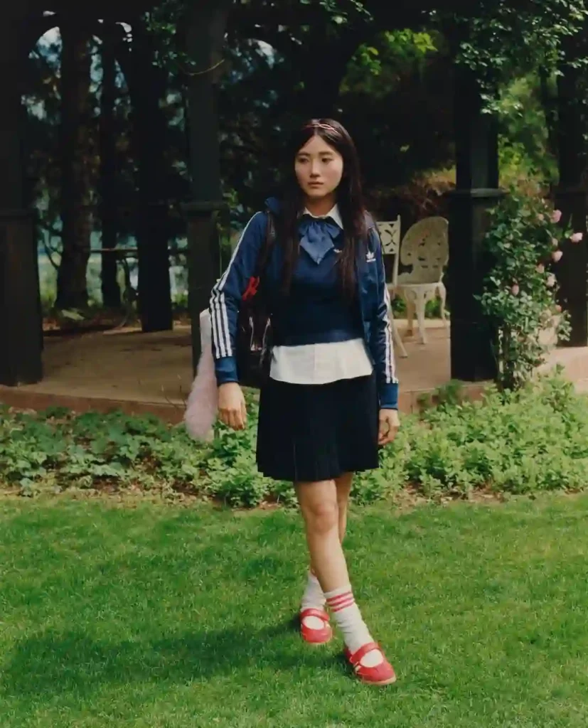 Navy Preppy Layers with Pleated Skirt and Red Adidas Sambas