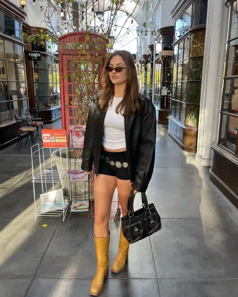 Oversized Leather Jacket and Black Shorts with Banana Frye Boots