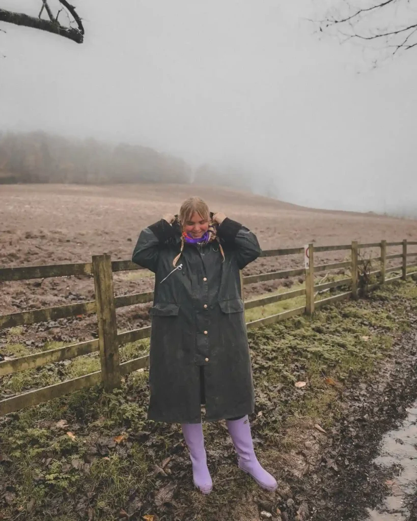 Waxed Raincoat and Lilac Wellies for a Foggy Field