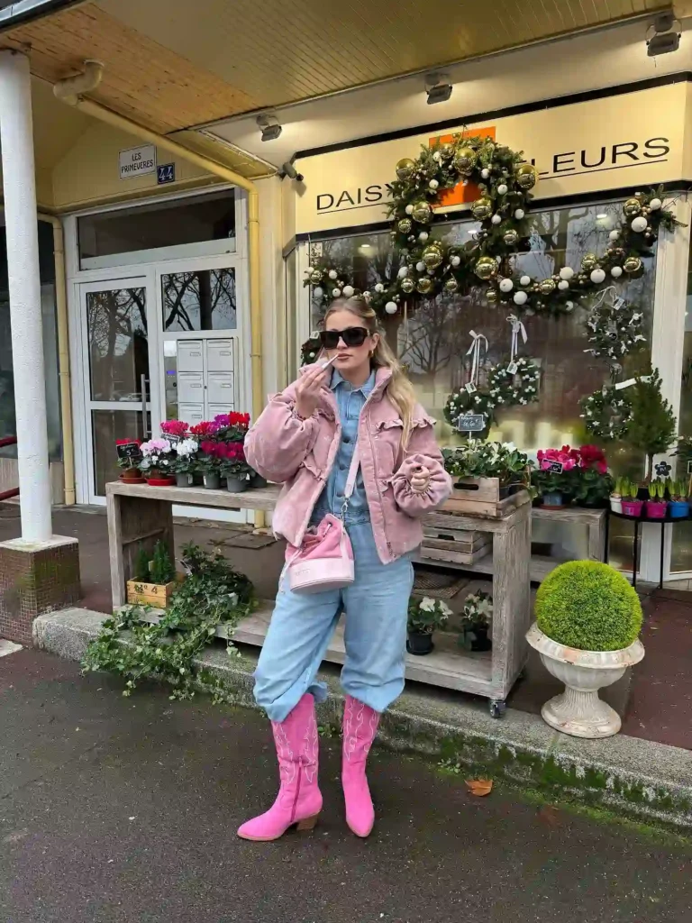 Denim Jumpsuit with Pink Puffer and Cowboy Boots