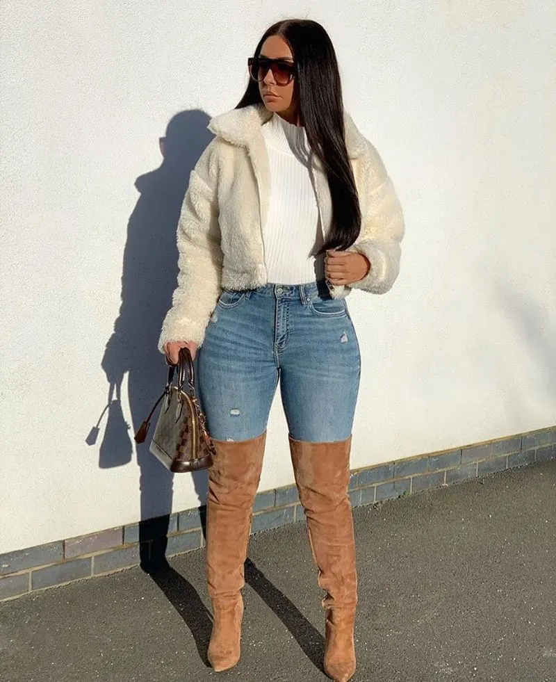 Cream Fur Jacket and Jeans with Tan Over-the-Knee Boots
