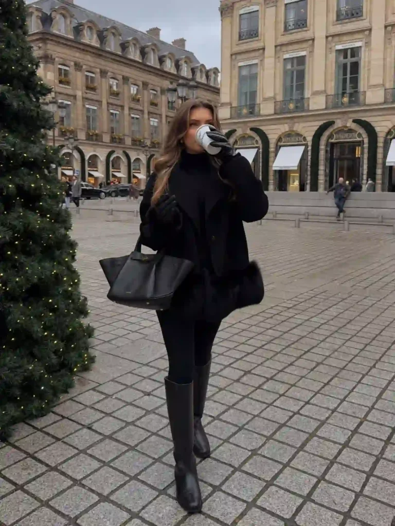 Fur-Trim Coat and Leggings with Knee High Boots
