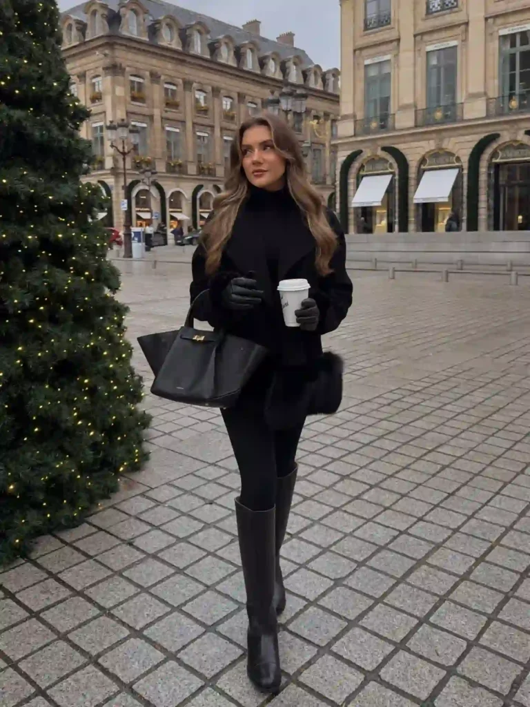 All-Black Fur-Trim Coat with Leather Knee-High Boots