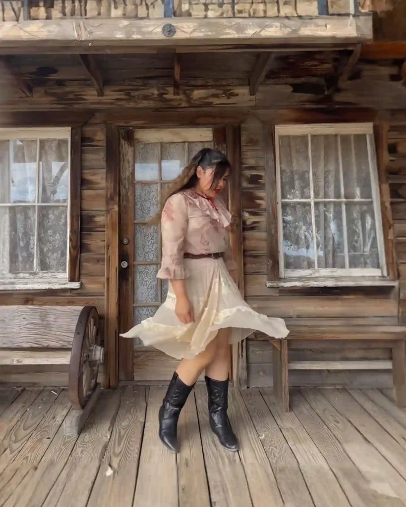 Prairie Blouse and Tiered Skirt with Black Cowboy Boots
