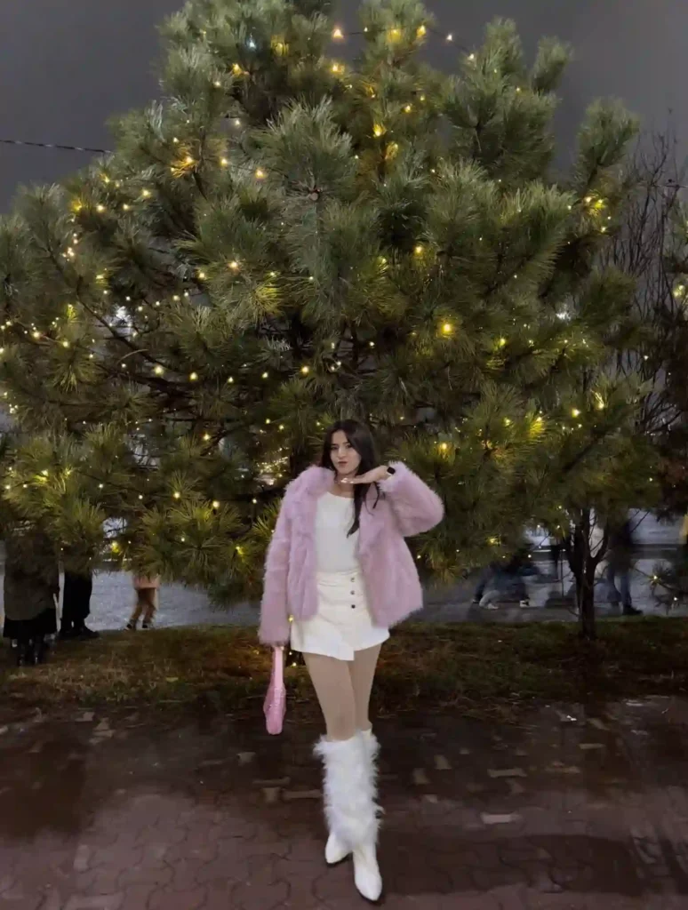 Pink Fur Coat and White Fur-Trimmed Boots for Christmas