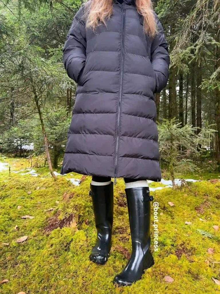 Long Puffer Coat and Tall Rain Boots for the Woods