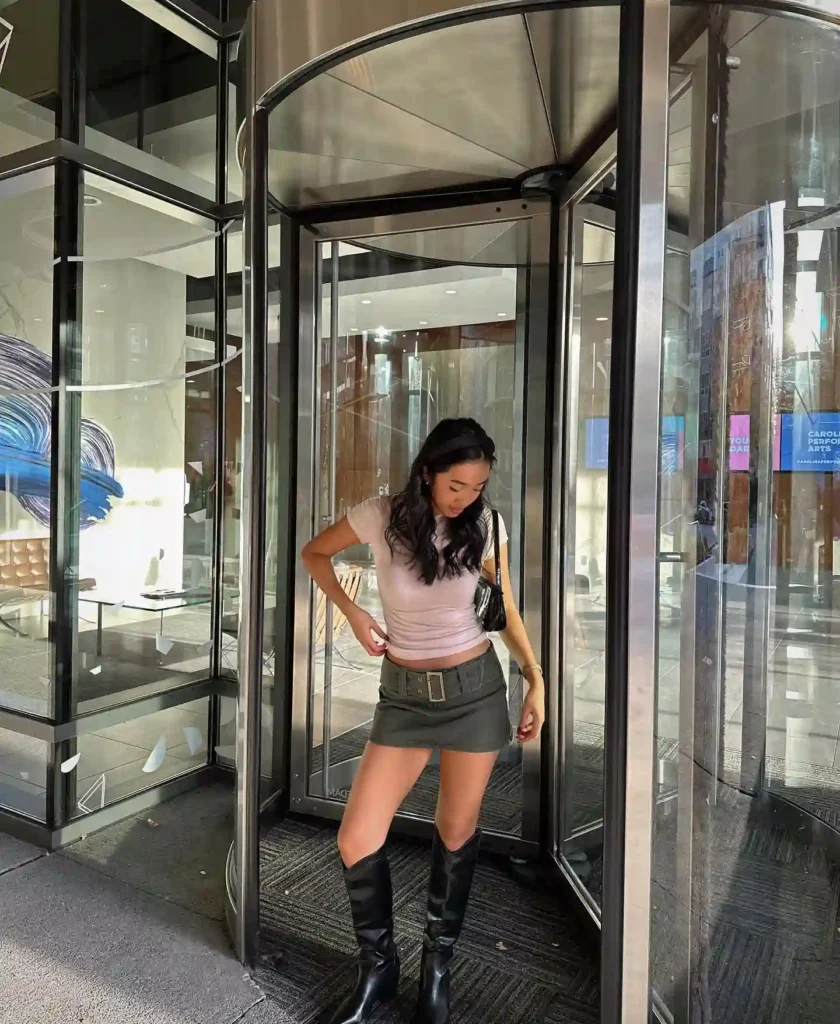 Pink Baby Tee with Belted Cargo Mini Skirt and Knee High Boots