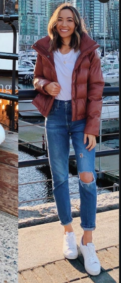 Brown Puffer Jacket and Ripped Jeans with White Sneakers