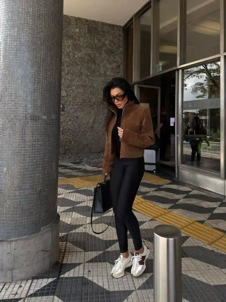 Suede Jacket and Black Leggings with New Balance 327