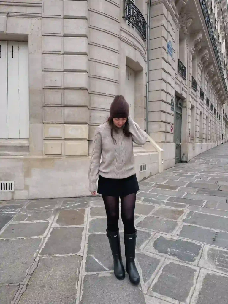 Cable Knit Sweater and Mini Skirt with Black Rain Boots