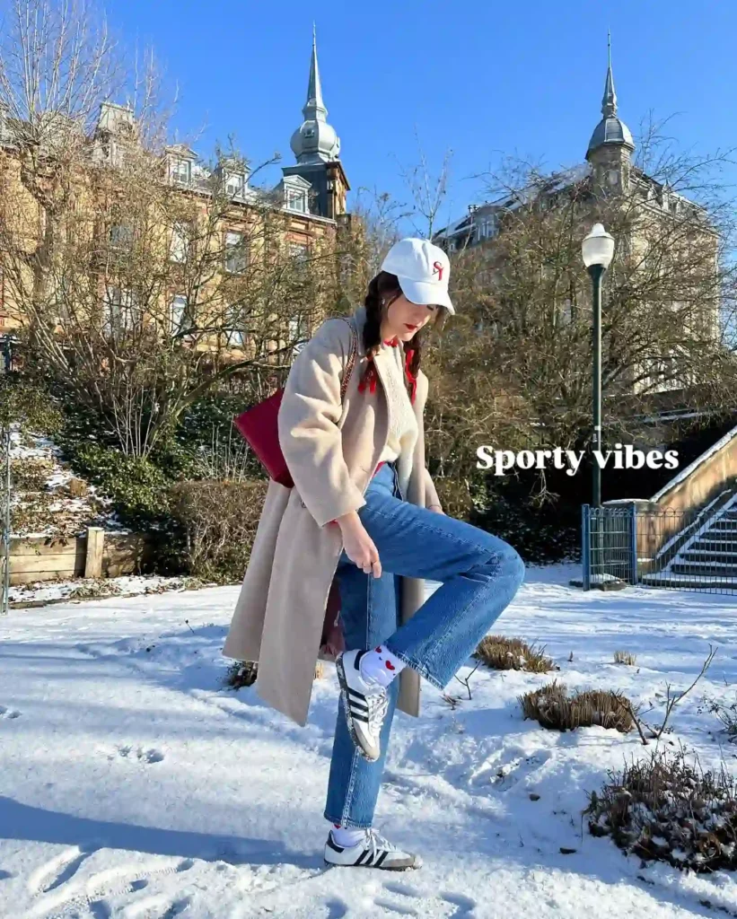 Long Wool Coat and Flared Jeans with White Sneakers