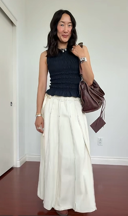Black Tank with Maxi Skirt and Brown Adidas Samba Jane