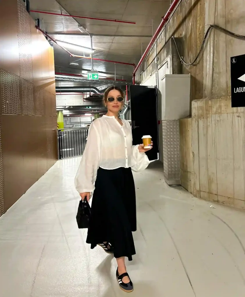 Sheer White Blouse with Black Midi Skirt and Adidas Samba Jane
