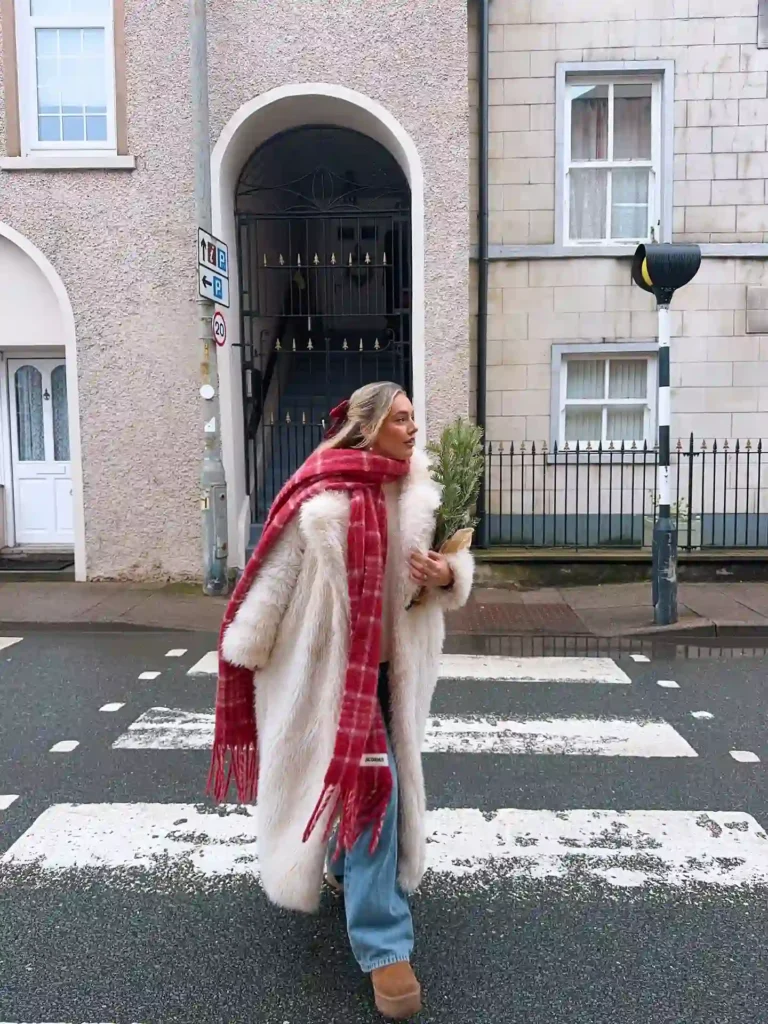 Faux Fur Coat with Red Plaid Scarf and Tan Uggs