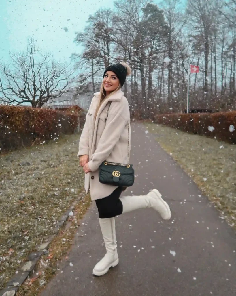 Teddy Coat and Leggings with White Knee-High Boots