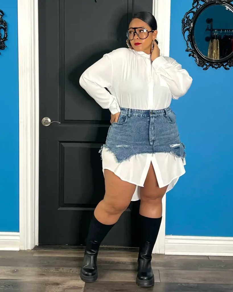 White Blouse with Denim Skirt and Knee High Boots Plus Size