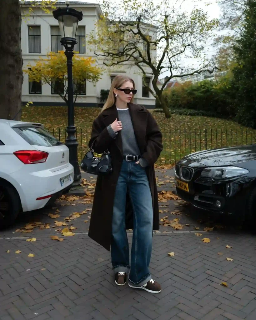 Brown Coat and Grey Knit with Retro Sneakers