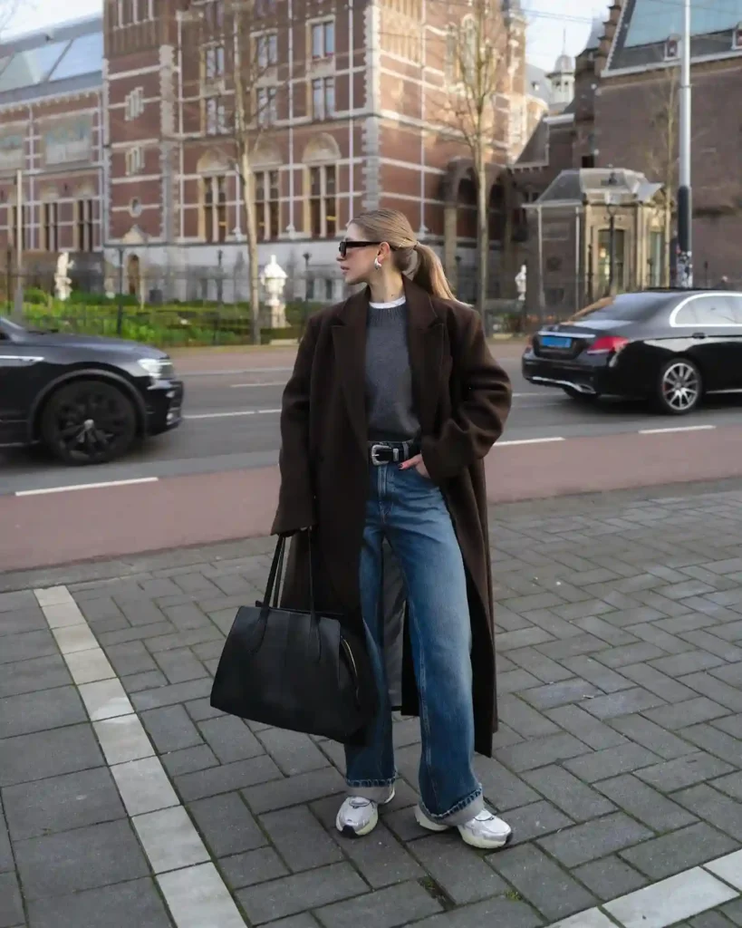Brown Longline Coat and Wide Jeans with Silver Sneakers