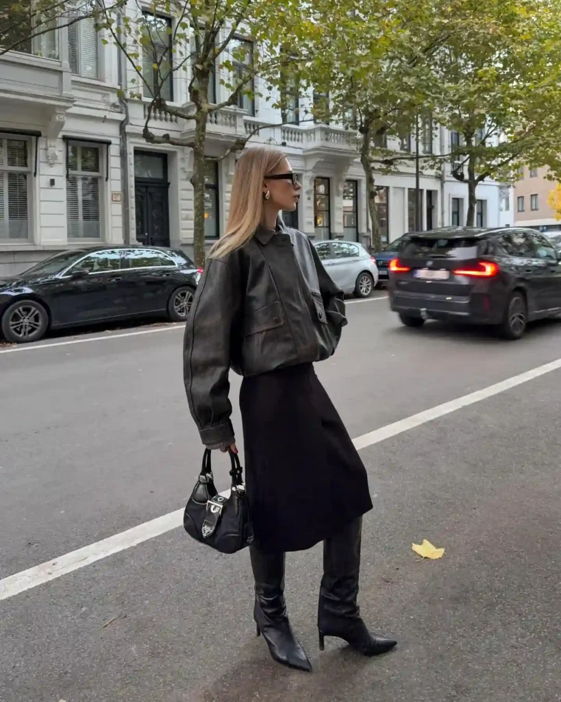 Vintage Leather Bomber with Midi Skirt and Black Heeled Knee High Boots