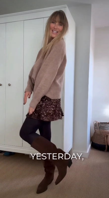 Fuzzy Sweater with a Sequin Skirt and Brown Suede Boots