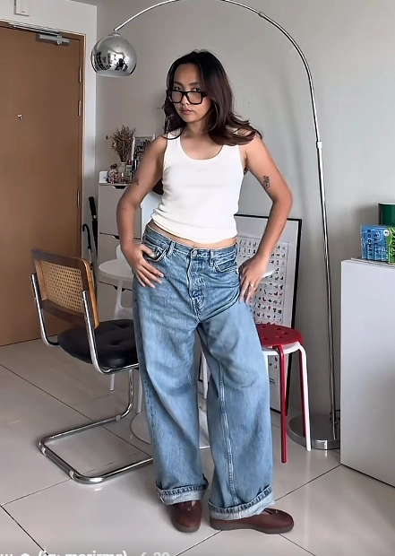 White Tank with Baggy Jeans and Brown Adidas Samba Jane
