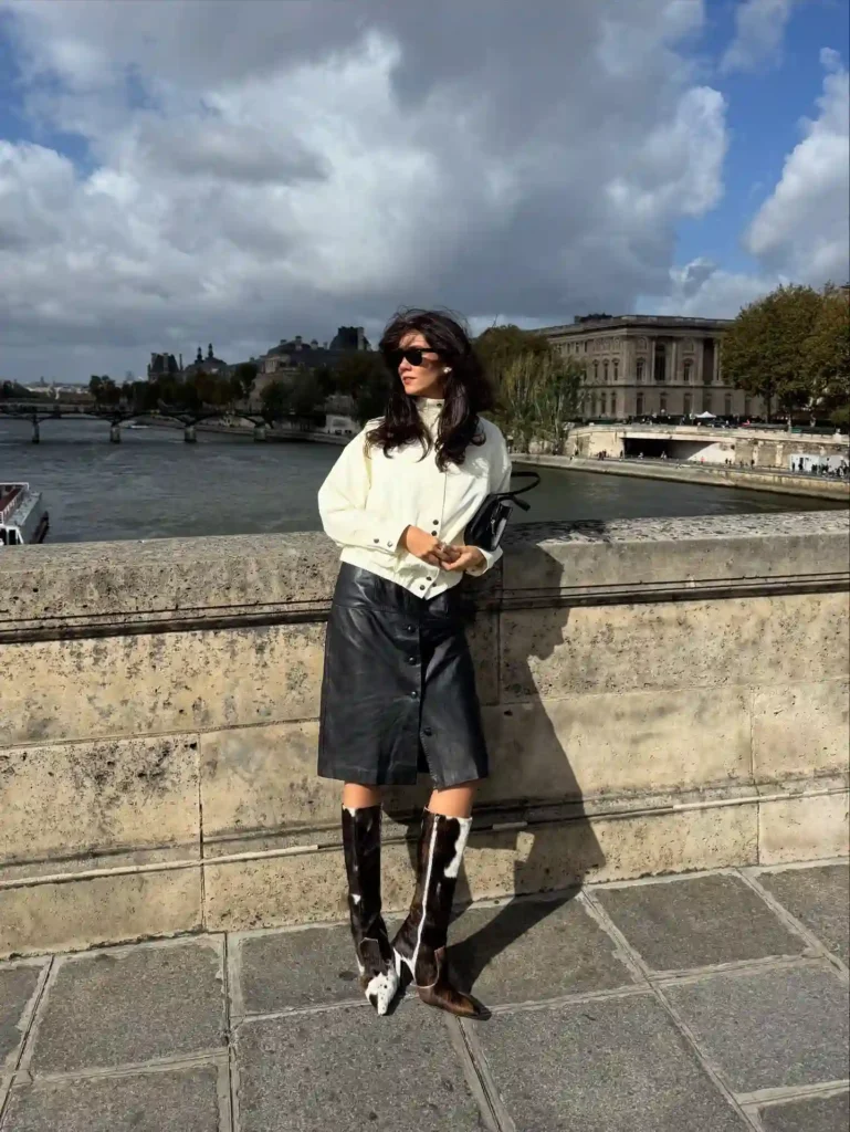 Cream Jacket and Leather Skirt with Cowhide Boots