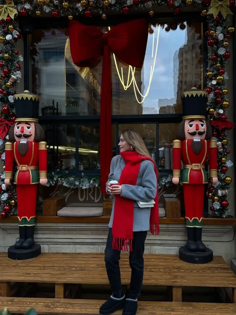 Grey Coat with Red Scarf and Black Uggs