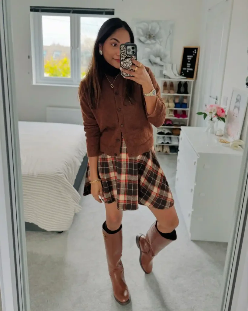Cozy Brown Cardigan with a Plaid Mini Skirt and Cognac Boots
