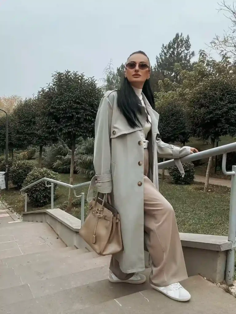 Belted Trench and Wide-Leg Trousers with White Sneakers