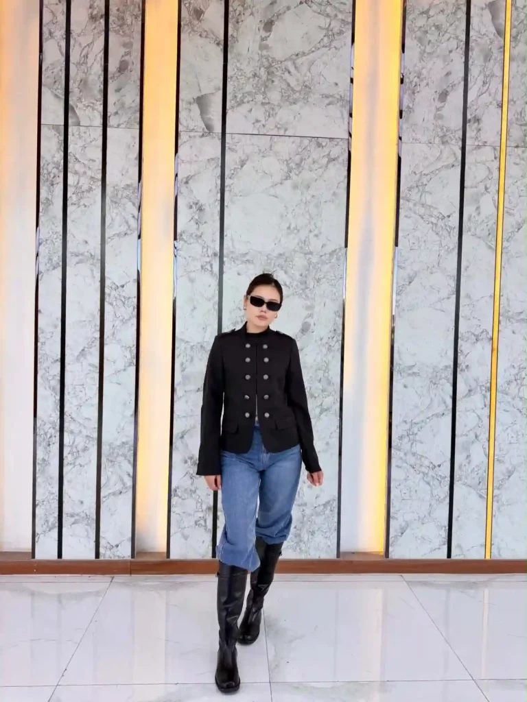 Military Button Jacket and Blue Jeans with Tall Black Boots